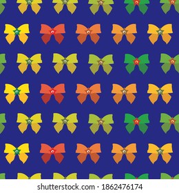 Vector rojo, verde, dorado de regalo arco de fondo sin fisuras. Filas horizontales de arcos decorativos presentes sobre fondo índigo. Dibujaron la Navidad moderna cosecha por todas partes impresa para la temporada festiva.