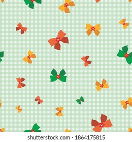 Vector rojo, verde, dorado de regalo arco de fondo sin fisuras. Arcos decorativos dispersos en el fondo de gingham verde. Dibujaron la Navidad moderna cosecha por todas partes impresa para la temporada festiva.