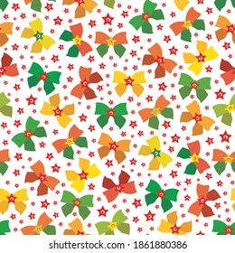 Vector red, green, gold present bow seamless pattern background. Scattered gift bows and stars decorations on white backdrop. Hand drawn Christmas retro vintage all over print for festive season.