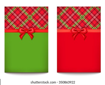 Vector red and green greeting cards with tartan and bows.