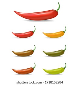 Iconos de chile rojo vectorial, verde, naranja, aislados en fondo blanco. 3.ᵉʳ color vectorial realista Colección de etiquetas de chile pippers