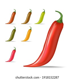 Vector red, green, orange chili peppers icons set isolated on white background. 3d realistic vector color Chili peppers labels collection