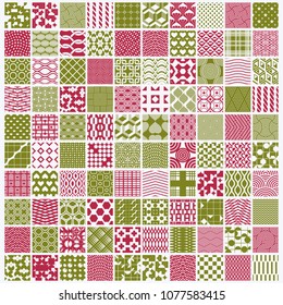 Vector red and green ornamental seamless backdrops set, geometric patterns collection. Ornate textures made in modern simple style.