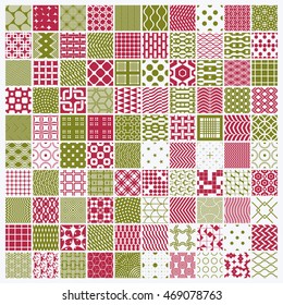 Vector red and green ornamental seamless backdrops set, geometric patterns collection. Ornate textures made in modern simple style.