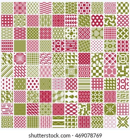 Vector red and green ornamental seamless backdrops set, geometric patterns collection. Ornate textures made in modern simple style.