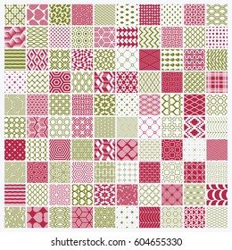 Vector red and green ornamental seamless backdrops set, geometric patterns collection. Ornate textures made in modern simple style.