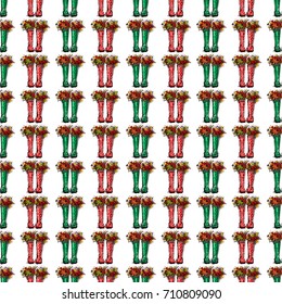 Vector red and green polka dot wellies with autumn leaves illustration. Seamless pattern in watercolor style. Background for decoration seasonal celebration, fabrics, textile, greeting card and web.
