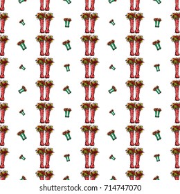 Vector red and green polka dot wellies with autumn leaves illustration. Seamless pattern in watercolor style. Background for decoration seasonal celebration, fabrics, textile, greeting card and web.