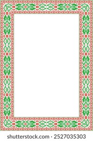 Vector red green square belarusian national ornament frame. Ethnic pattern rectangle of Slavic peoples, Russian, Ukrainian, Serb, Pole, Bulgarian. Cross stitch template
