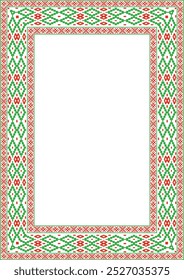 Marco de adorno nacional bielorruso cuadrado verde rojo Vector. Rectángulo de patrón étnico de los pueblos eslavos, ruso, ucraniano, serbio, polaco, búlgaro. Plantilla de punto de cruz
