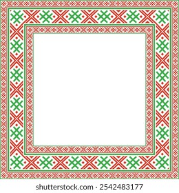 Vector red green square belarusian national ornament frame. Ethnic pattern rectangle of Slavic peoples, Russian, Ukrainian, Serb, Pole, Bulgarian. Cross stitch template
