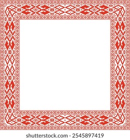 Vector red green square belarusian national ornament frame. Ethnic pattern rectangle of Slavic peoples, Russian, Ukrainian, Serb, Pole, Bulgarian. Cross stitch template
