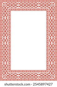 Vector red green square belarusian national ornament frame. Ethnic pattern rectangle of Slavic peoples, Russian, Ukrainian, Serb, Pole, Bulgarian. Cross stitch template
