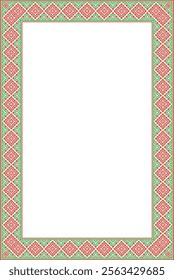 Vector red green square belarusian national ornament frame. Ethnic pattern rectangle of Slavic peoples, Russian, Ukrainian, Serb, Pole, Bulgarian. Cross stitch template
