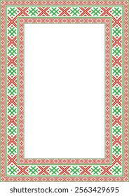 Vector red green square belarusian national ornament frame. Ethnic pattern rectangle of Slavic peoples, Russian, Ukrainian, Serb, Pole, Bulgarian. Cross stitch template
