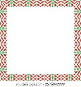 Vector red green square belarusian national ornament frame. Ethnic pattern rectangle of Slavic peoples, Russian, Ukrainian, Serb, Pole, Bulgarian. Cross stitch template
