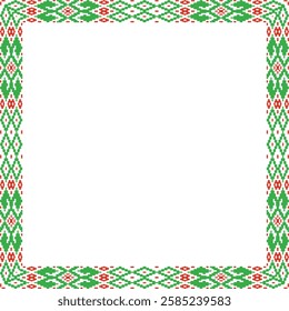 Vector red green square belarusian national ornament frame. Ethnic pattern rectangle of Slavic peoples, Russian, Ukrainian, Serb, Pole, Bulgarian. Cross stitch template
