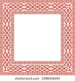 Vector red green square belarusian national ornament frame. Ethnic pattern rectangle of Slavic peoples, Russian, Ukrainian, Serb, Pole, Bulgarian. Cross stitch template
