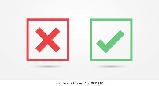 Vector red and green square icon check mark icon isolated on transparent background. Approve and cancel symbol for design project. Flat button yes and no. Good and bad