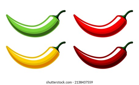 Vector red, green, yellow chili peppers icons set isolated on white background. Different color Chili peppers labels collection