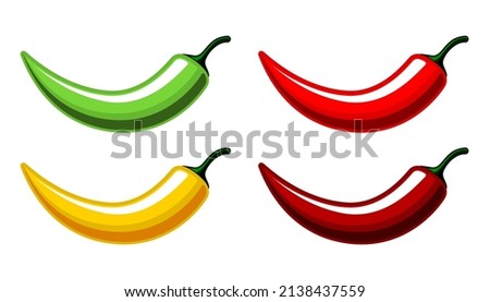 Vector red, green, yellow chili peppers icons set isolated on white background. Different color Chili peppers labels collection
