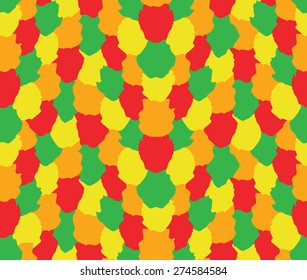 Vector red, green, yellow and orange seamless pattern from brush strokes. Unusual painted blot design. Rich texture, vibrant colors mode. Gift paper, birthday card, fabric print, furniture. Vector