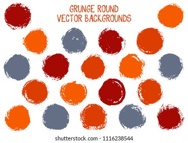 Vector red grey grunge circles design. Watercolor stamp texture circle scratched label backgrounds. Circular icon, badge shape, oval button elements. Grunge round shape banner backgrounds set.