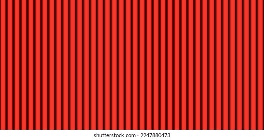 Vector red grooved metal wall texture. Striped iron fence seamless pattern. Plastic home siding background. Vertical line roofing sheet surface, top view. Industrial metallic sea container 3d shape