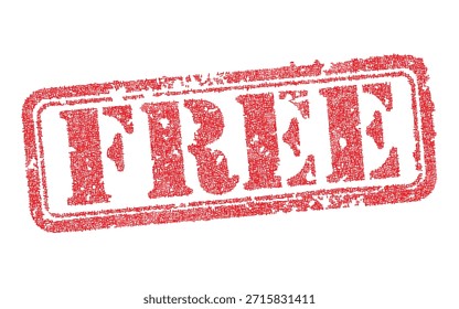 Vector red grunge rubber stamp with the word Free written inside the rounded rectangular frame. Isolated distressed ink imprint texture for business sales, discounts, gifts, and promotional offers.