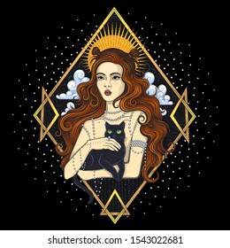 Vector Red Hair Woman with Cat Illustration