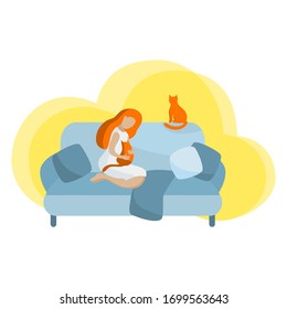 vector red hair woman in white dress sitting on the sofa with cats illustration stay home