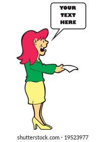 vector red haired woman offering a document with text bubble