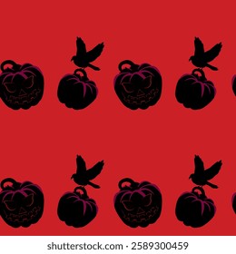 Vector red Halloween seamless pattern with black Ravens on Pumpkins. Spooky seamless pattern	