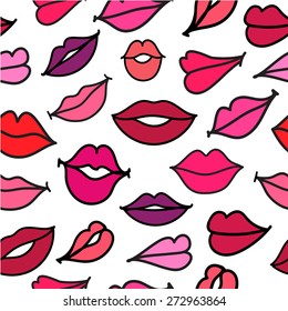 Vector Red Hand Drawn Kisses Lips Seamless Background