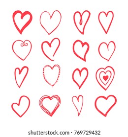 Vector red hand drawn set with hearts. Design elements for Valentine day.