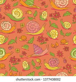 Vector red hand drawn snails and flowers repeat pattern. Suitable for gift wrap, textile and wallpaper. Surface pattern design.