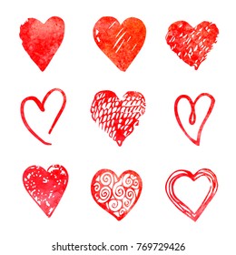 Vector red hand drawn watercolor set with hearts. Design elements for Valentine day.