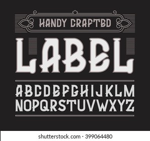 Vector red handy crafted vintage label font. Font, good to use in any style labels of alcohol drinks. Business card, leaflet and other printing production. ABC. Alphabet with decoration