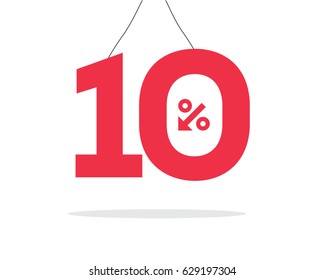 Vector red hanging 10% text designed with an arrow percent icon on air with shadow isolated on white background. For sale campaigns.