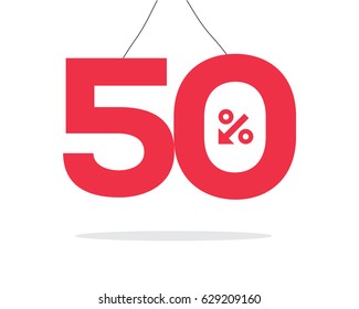 Vector red hanging 50% text designed with an arrow percent icon on air with shadow isolated on white background. For sale campaigns.