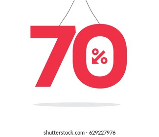 Vector red hanging 70% text designed with an arrow percent icon on air with shadow isolated on white background. For sale campaigns.