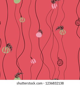 Vector Red Hanging Ornaments Seamless Pattern. Perfect for fabrics, scrapbooking, wallpaper projects