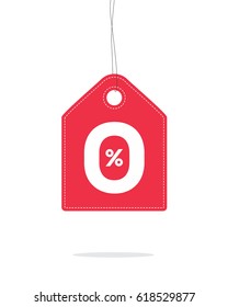 Vector red hanging price tag label designed with 0% text and stitches on it and with shadow isolated on white background. For spring summer sale campaign.