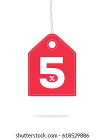 Vector red hanging price tag label designed with 5% text and stitches on it and with shadow isolated on white background. For spring summer sale campaign.