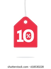Vector red hanging price tag label designed with 10% text and stitches on it and with shadow isolated on white background. For spring summer sale campaign.