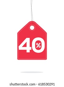 Vector red hanging price tag label designed with 40% text and stitches on it and with shadow isolated on white background. For spring summer sale campaign.
