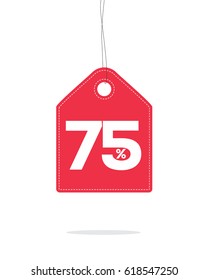 Vector red hanging price tag label designed with 75% text and stitches on it and with shadow isolated on white background. For spring summer sale campaign.