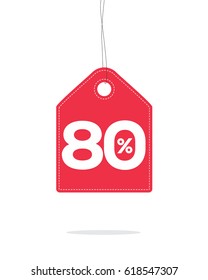 Vector red hanging price tag label designed with 80% text and stitches on it and with shadow isolated on white background. For spring summer sale campaign.