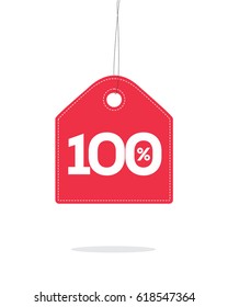 Vector red hanging price tag label designed with 100% text and stitches on it and with shadow isolated on white background. For spring summer sale campaign.