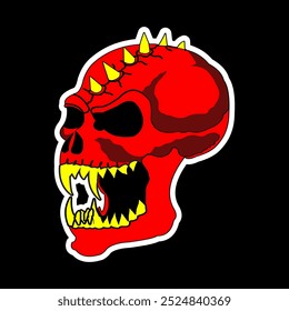 Vector red head skull with yellow and sharp teeth, long fangs and spiked horns on the top of the head